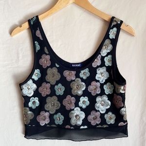 Floral Pastel Sequins Black Sleeveless Crop Top